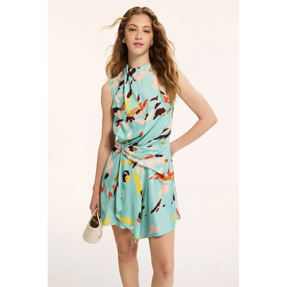 A.L.C. Dion Dress Abstract Print Mini Mint Green Gathered Waist Womens Size 6